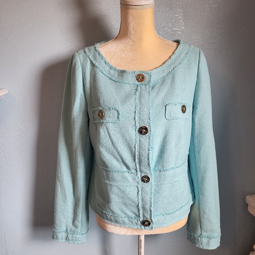 Lilly Pulitzer teal Blazer/jacket frayed raw edging detailing  A73